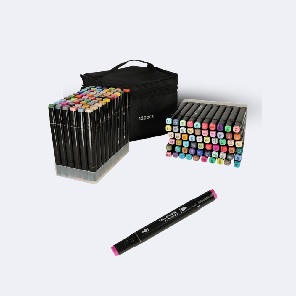 Dvipusių markerių rinkinys su stovu ir dėklu (120 vnt.)