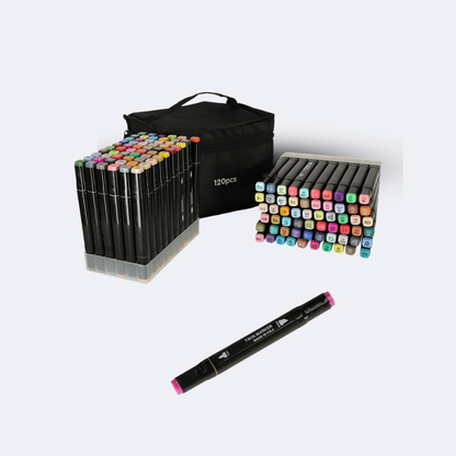 Dvipusių markerių rinkinys su stovu ir dėklu (120 vnt.)