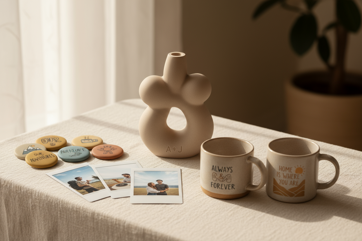 please create something similar to my 1st image , related to individual gifts and in the same colour patern, just add something with 3D printer and fridge magnets , photos, personalized cups 